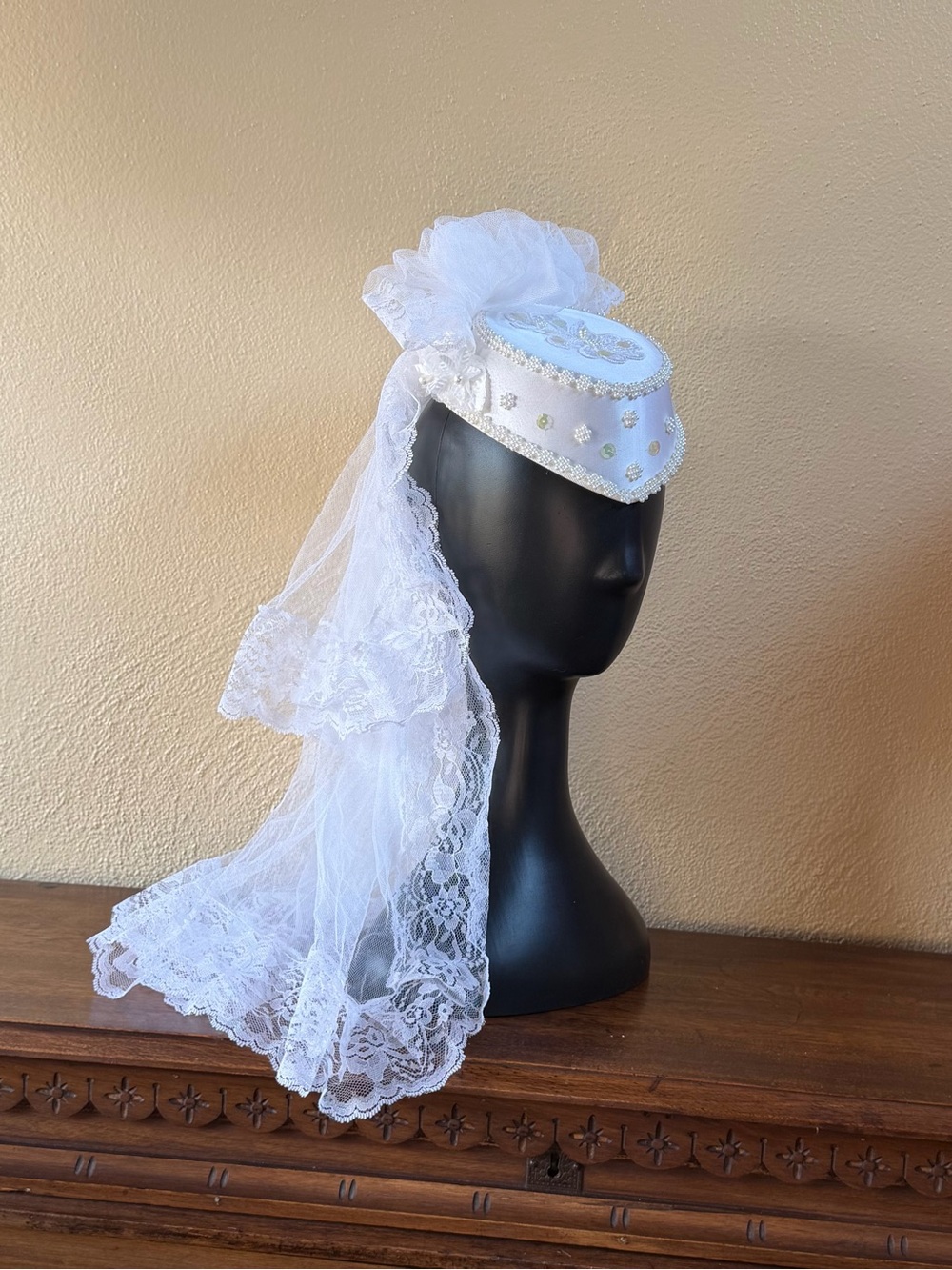 Vintage White Bridal Cap Headpiece with Lace Veil Beaded Satin Wedding Hat